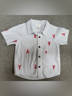 Pink Chicken/Blue Rooster- Light  Blue Grid Shirt with Red Lobster Embroidery